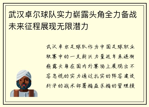 武汉卓尔球队实力崭露头角全力备战未来征程展现无限潜力