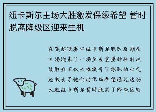 纽卡斯尔主场大胜激发保级希望 暂时脱离降级区迎来生机