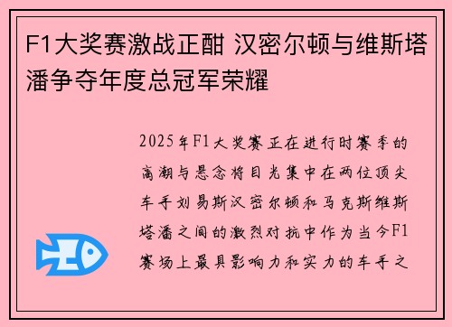 F1大奖赛激战正酣 汉密尔顿与维斯塔潘争夺年度总冠军荣耀