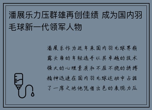 潘展乐力压群雄再创佳绩 成为国内羽毛球新一代领军人物